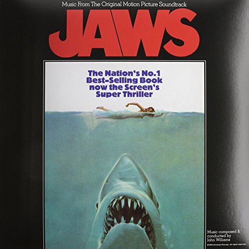 Vinyl record cover for Jaws soundtrack featuring a shark swimming toward a swimmer.