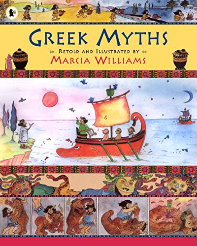Book cover: “Greek Myths” with illustrated scenes of ships and figures.