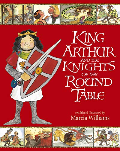 Book cover: King Arthur with sword and shield, illustrated style.