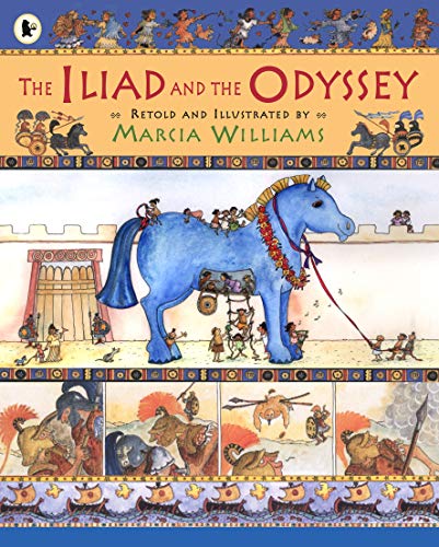 Book cover depicting the Trojan Horse and scenes from Greek mythology.