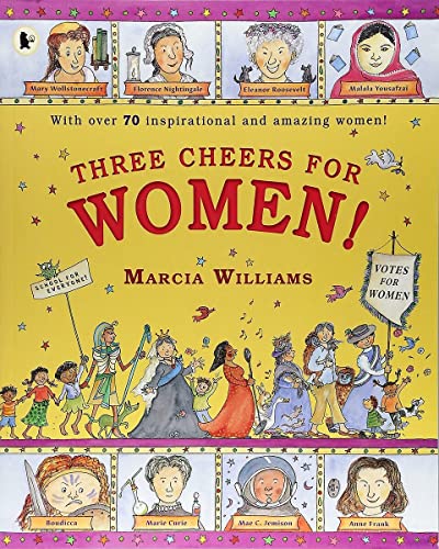 Book cover titled Three Cheers for Women! featuring illustrations of diverse historical women.