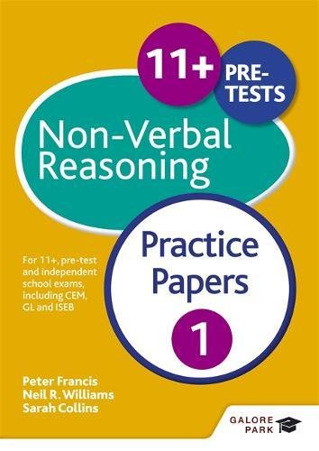 Book cover for “11+ Non-Verbal Reasoning Practice Papers 1” with colorful shapes.