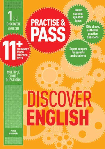 Orange and green cover of "Practise & Pass 11+ Discover English" textbook.