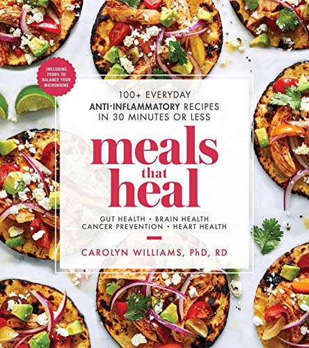 Cookbook cover titled Meals That Heal surrounded by photos of tacos on white background.