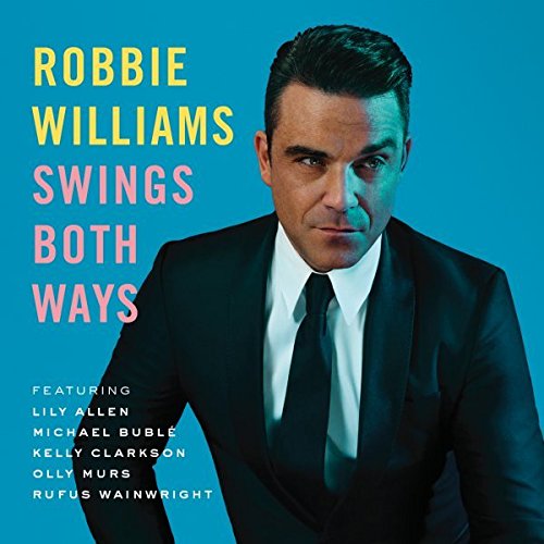 "Album cover featuring Robbie Williams in a suit against a blue background."