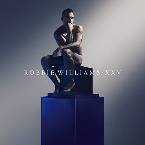 Robbie Williams album cover, shirtless man seated on a blue block.