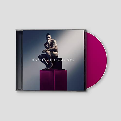 Robbie Williams XXV CD case with a pink disc, featuring a shirtless man.