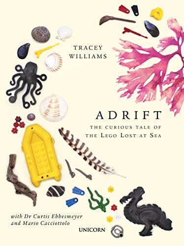Book cover featuring scattered Lego pieces, seashells, and seaweed on a light background.