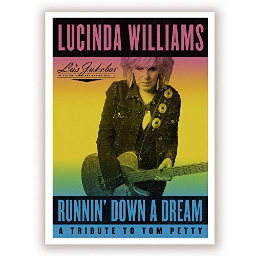 Lucinda Williams holding a guitar against a colorful gradient background on album cover art.