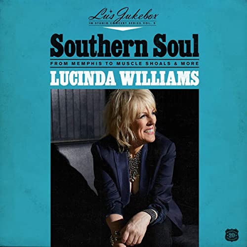 Lucinda Williams album cover, teal background, portrait of the artist.