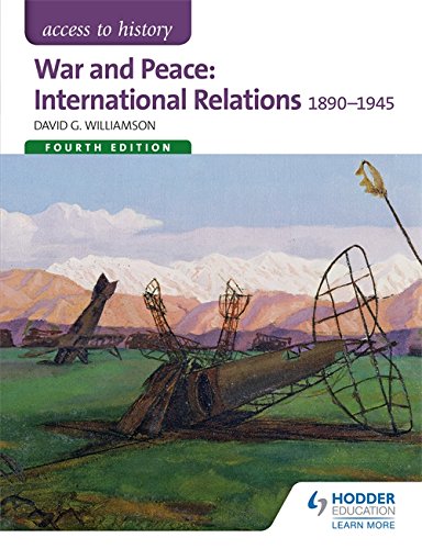 History textbook cover depicting wreckage with mountains, titled “War and Peace.”