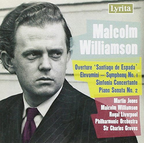 CD cover featuring black and white portrait of Malcolm Williamson with colorful text overlay.