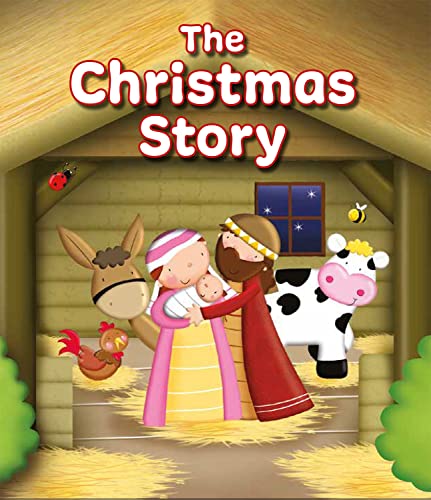 Cartoon illustration of the Nativity scene with animals and people.
