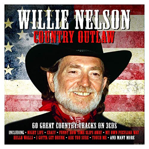 Willie Nelson wearing a cowboy hat against a background of the American flag.