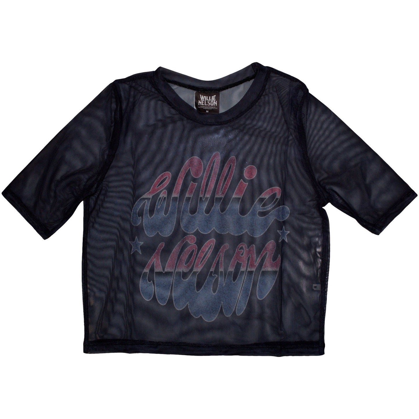 Mesh crop top featuring Willie Nelson Americana design, size XX-Small.