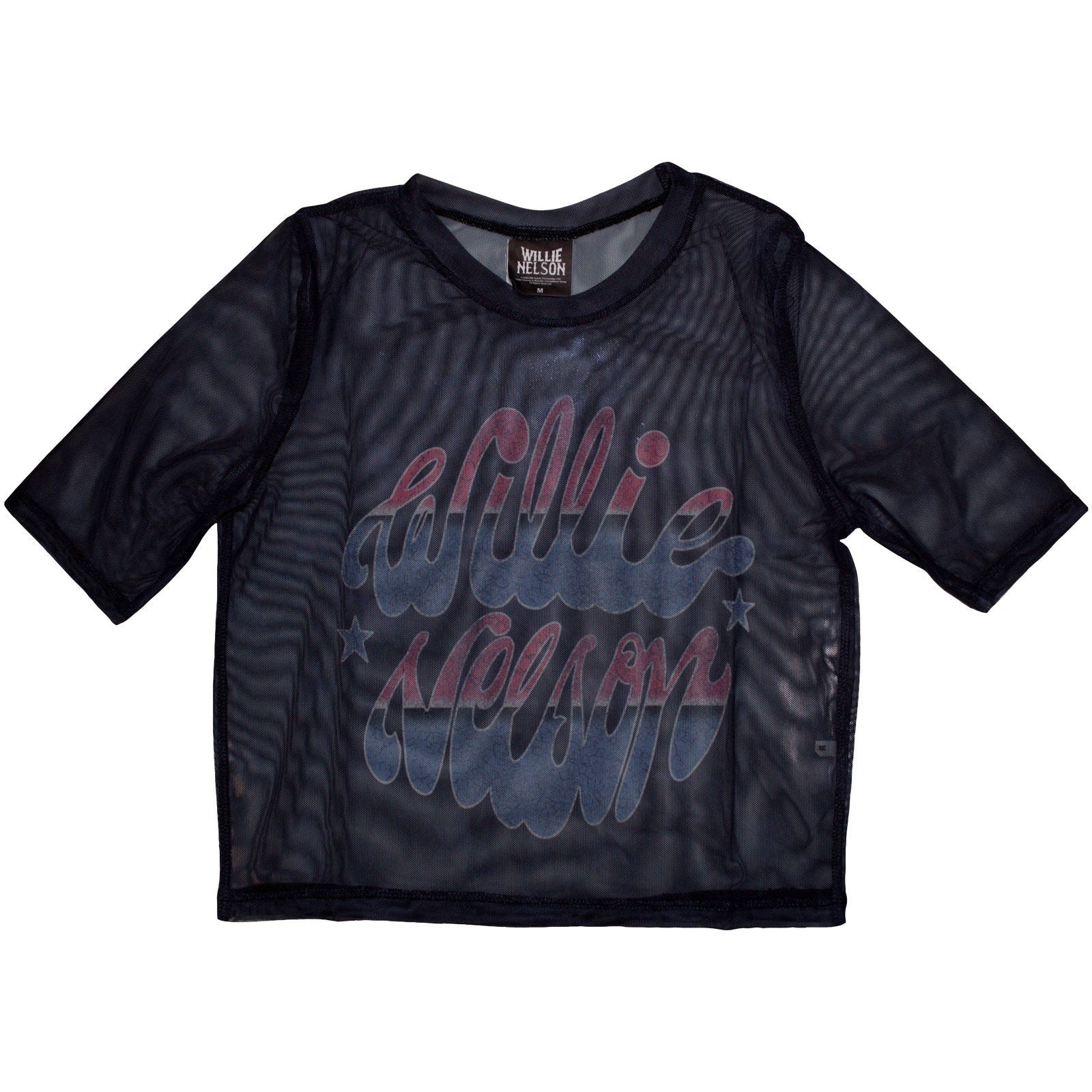 Mesh crop top featuring Willie Nelson Americana design, size XX-Small.