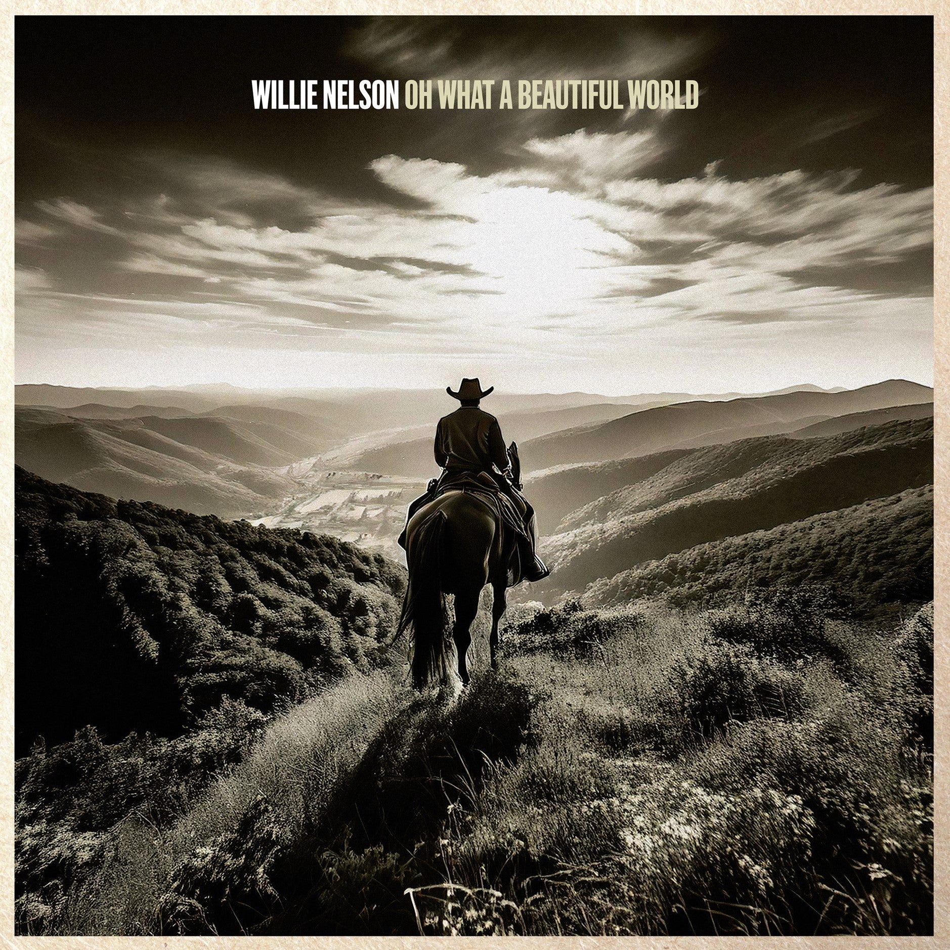 Willie Nelson on horseback silhouetted against a mountainous sunset landscape.