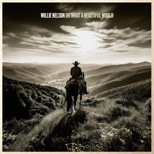 Willie Nelson on horseback silhouetted against a mountainous sunset landscape.