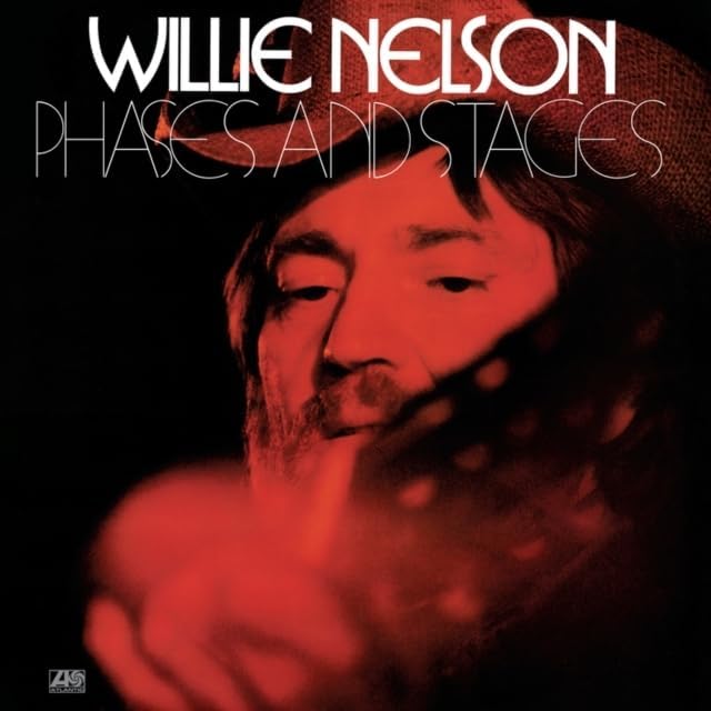 Willie Nelson album cover, "Phases and Stages," with a red tint.