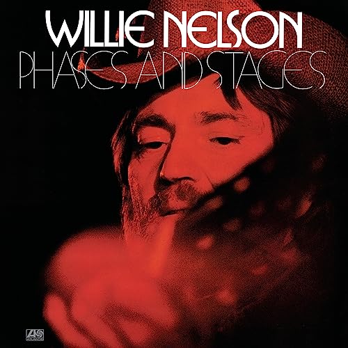 Willie Nelson album cover, red tint, portrait with text "Phases and Stages".