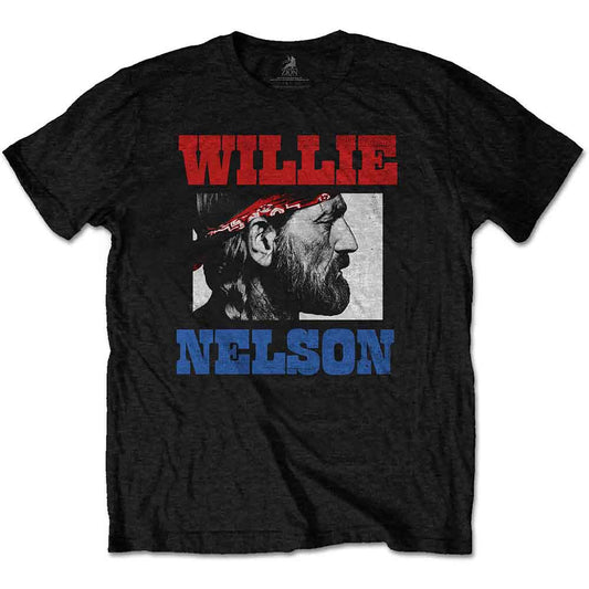 Black t-shirt with Willie Nelson’s face and name graphic.