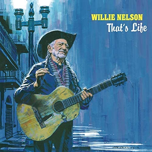 Album cover with Willie Nelson holding a guitar, wearing a cowboy hat, in a blue-toned cityscape.