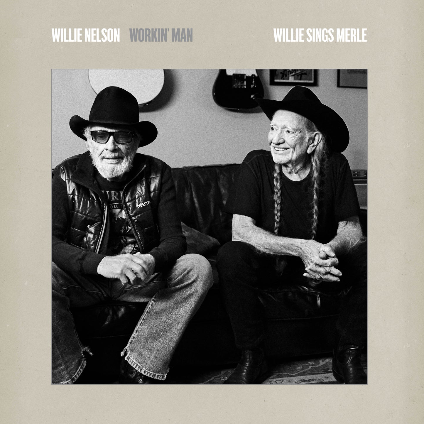 Black and white album cover featuring Willie Nelson seated on a couch.