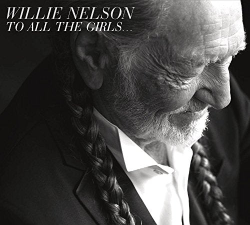 Black and white portrait of Willie Nelson with long braids, album cover.