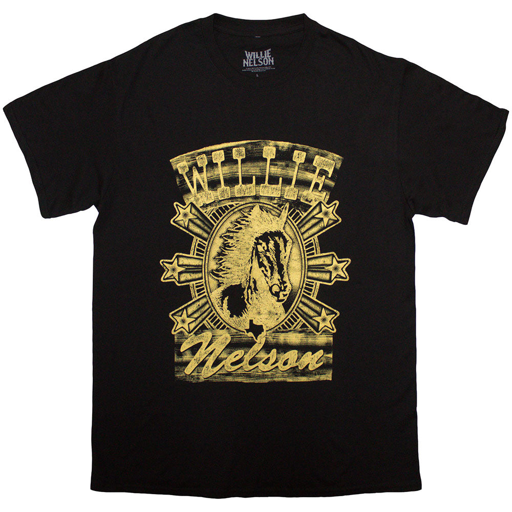 Black unisex t-shirt featuring a graphic of a horse and Willie Nelson branding.