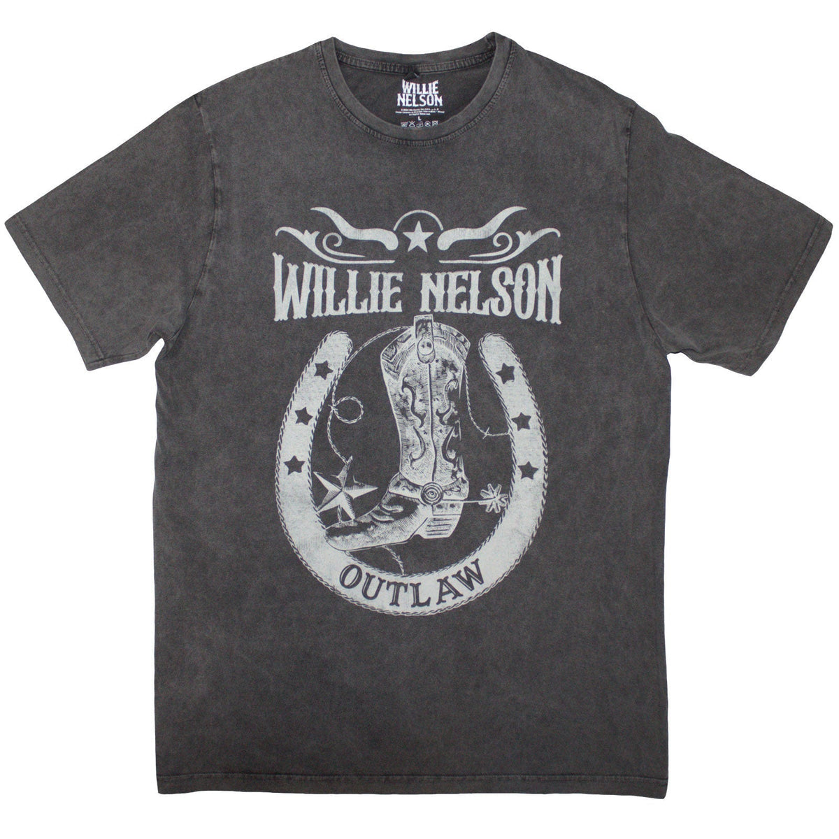 Charcoal grey t-shirt with "Outlaw" text and Willie Nelson graphic.