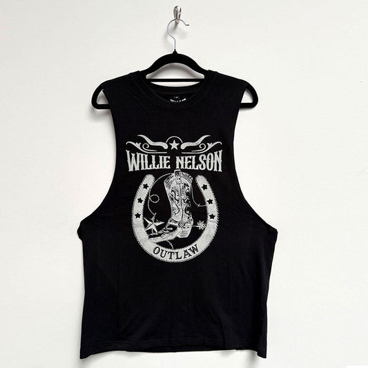 Black unisex sleeveless t-shirt featuring a Willie Nelson Outlaw graphic on the front.