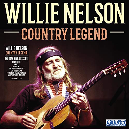 Willie Nelson playing acoustic guitar on the album cover “Country Legend.”