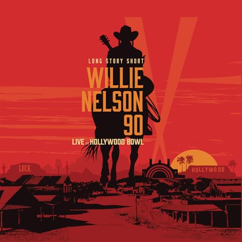 Willie Nelson album cover: silhouette of Nelson with guitar, red background.