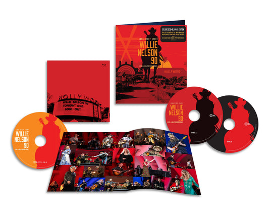 Willie Nelson 90th birthday concert box set including discs, booklet, and concert photo collage.