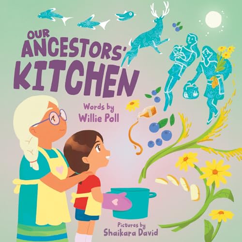 Book cover: children, grandmother, and illustrated figures with plants and food.