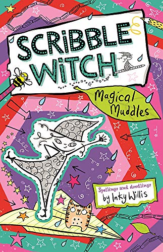 Book cover with a sketched witch cat and colorful doodles.