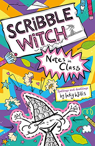 Book cover with colorful doodles, a witch’s hat, and handwritten text.