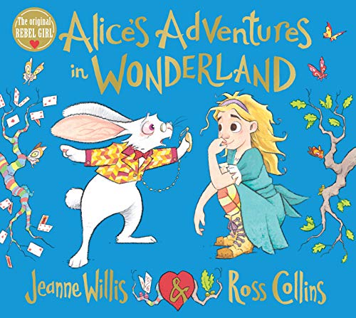 Alice's Adventures in Wonderland" book cover with Alice and the White Rabbit.