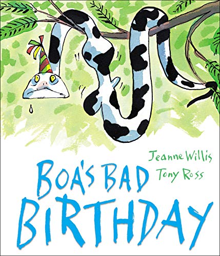 A black-and-white spotted snake wearing a party hat hangs sadly from a tree branch.
