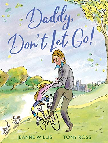 Book cover: father teaching child to ride a bicycle in a park.