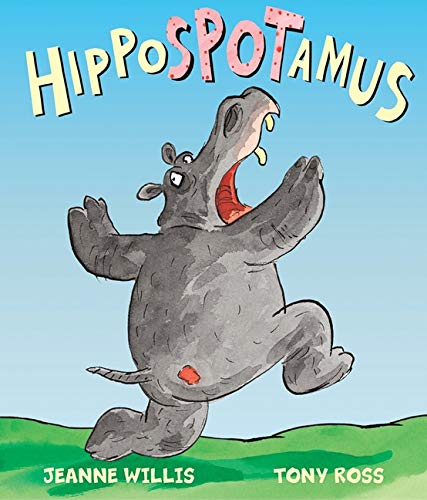 Book cover: illustrated grey hippopotamus with an open mouth, dancing.