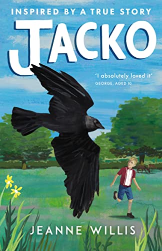 Book cover: "Jacko" with a flying crow and a boy running in a field.
