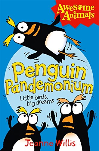 Book cover illustration of three cartoon penguins with large eyes on a blue background.