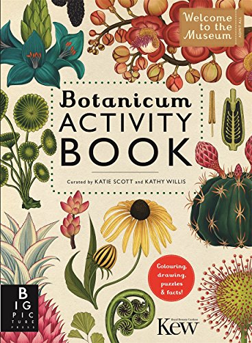 Botanicum Activity Book cover featuring detailed botanical illustrations of various plants on cream background.