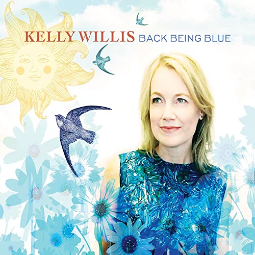 Kelly Willis on album cover with blue floral background, sun illustration, and flying birds.