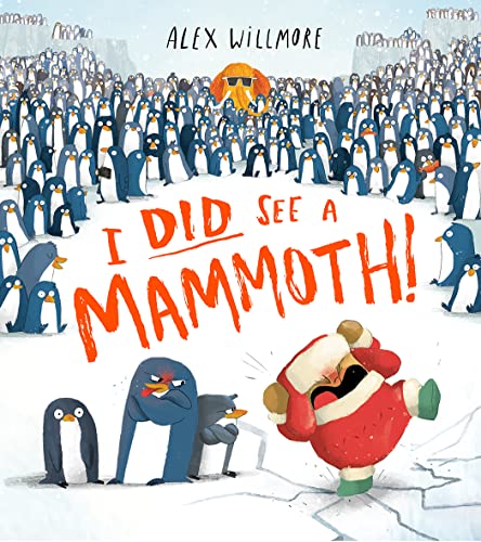 A mammoth wearing sunglasses stands behind a large crowd of penguins on snowy ice.
