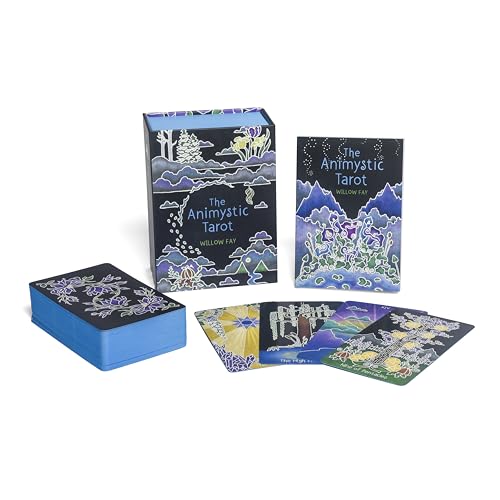 Boxed tarot deck with blue and white illustrated cards and guidebook.