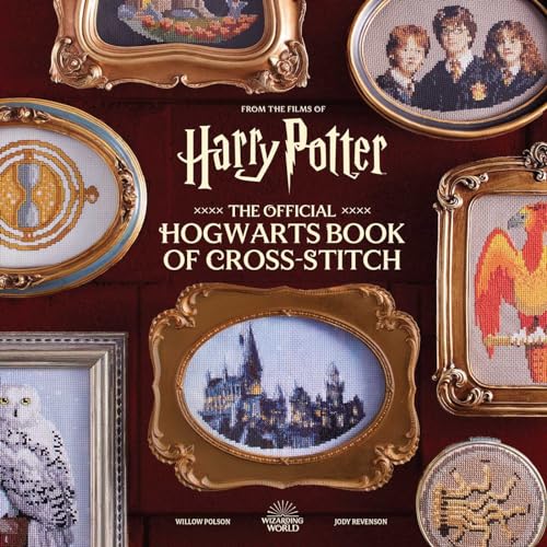 “Harry Potter” cross-stitch book cover with framed designs of Hogwarts and characters.