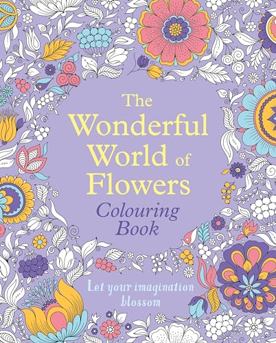 Floral colouring book cover with detailed line drawings and purple background.