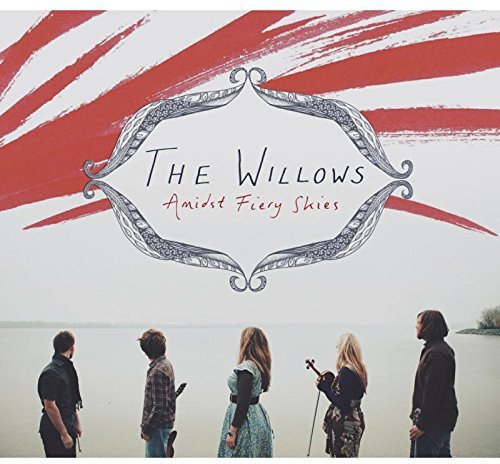 "Album cover with five musicians standing by water, red brush strokes above."